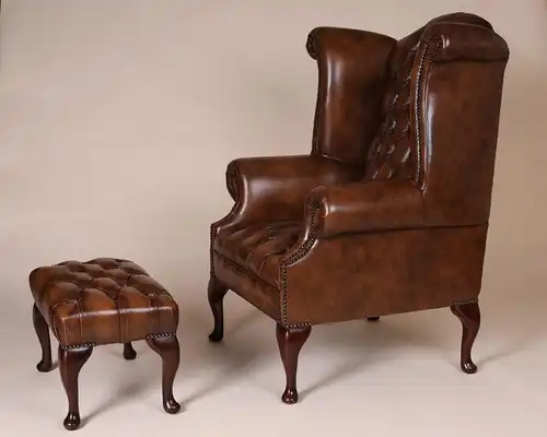 Englische Möbel Chesterfield Ohrensessel Wingchair Sessel Antik Leder Mahagoni