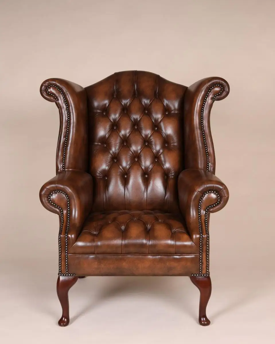 Englische Möbel Chesterfield Ohrensessel Wingchair Sessel Antik Leder Mahagoni 6