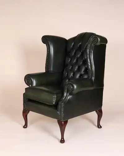 Englische Möbel Chesterfield Ohrensessel Wingchair Sessel Antik Leder Mahagoni