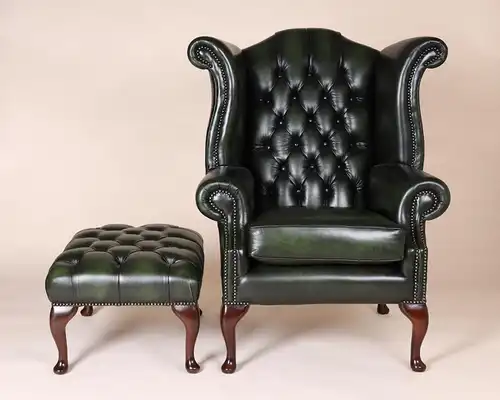 Englische Möbel Chesterfield Ohrensessel Wingchair Sessel Antik Leder Mahagoni