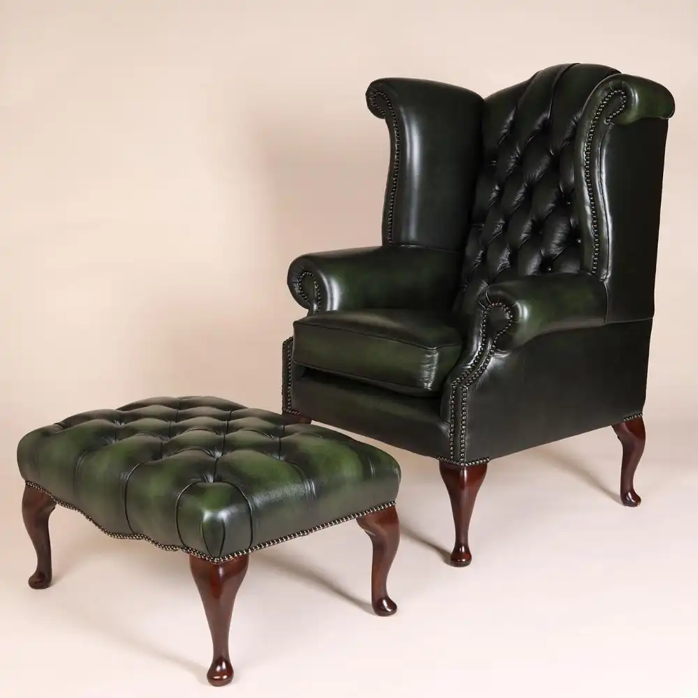 Englische Möbel Chesterfield Ohrensessel Wingchair Sessel Antik Leder Mahagoni 6