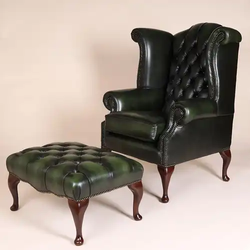 Englische Möbel Chesterfield Ohrensessel Wingchair Sessel Antik Leder Mahagoni