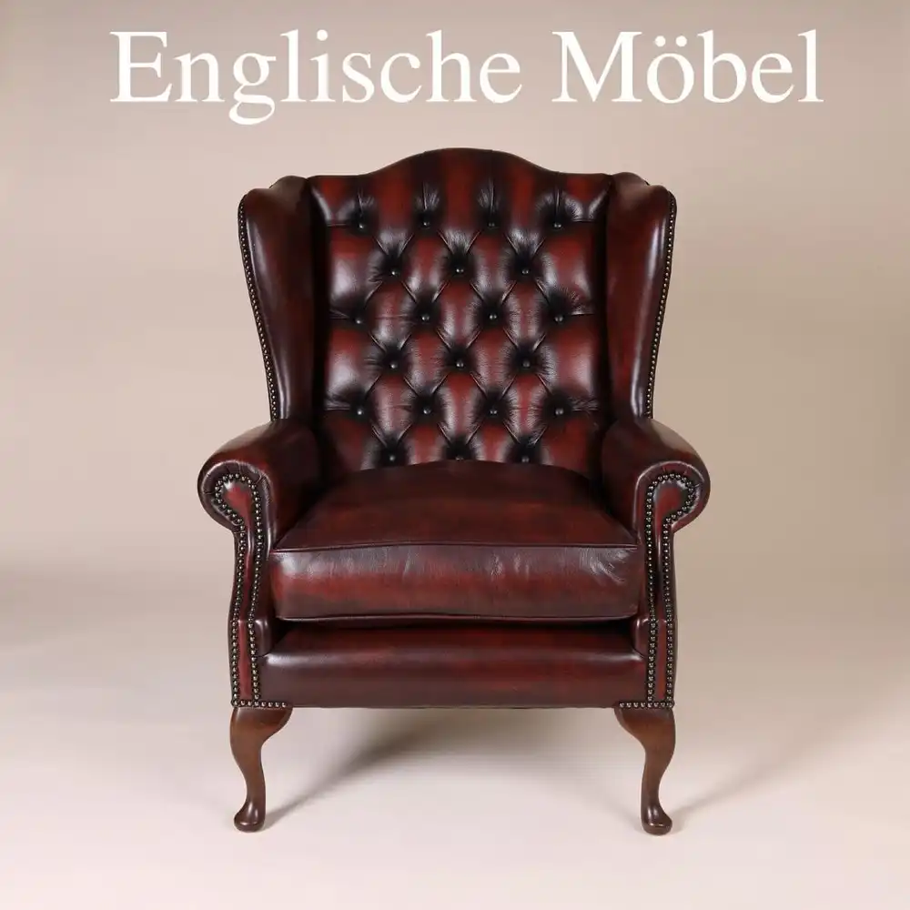 Englische Möbel Chesterfield Ohrensessel Wingchair Sessel Antik Leder Mahagoni 0