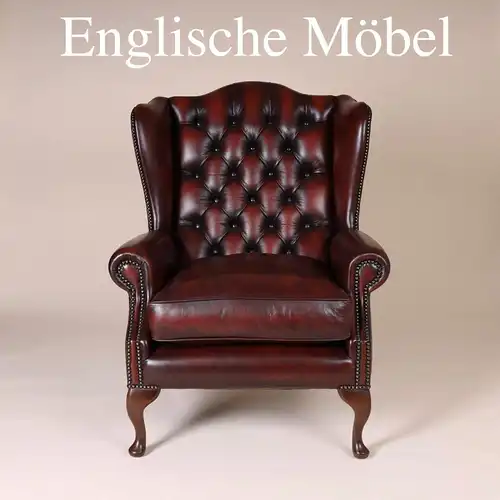 Englische Möbel Chesterfield Ohrensessel Wingchair Sessel Antik Leder Mahagoni