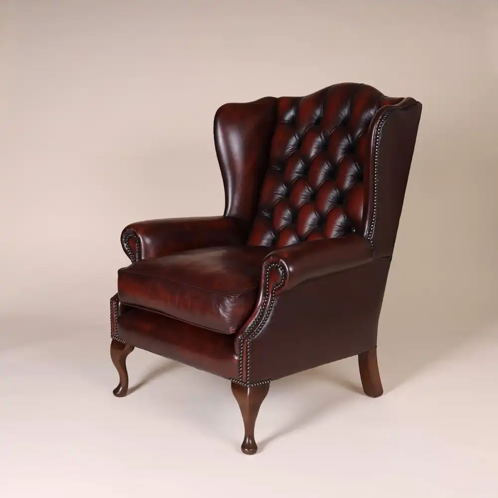 Englische Möbel Chesterfield Ohrensessel Wingchair Sessel Antik Leder Mahagoni 1