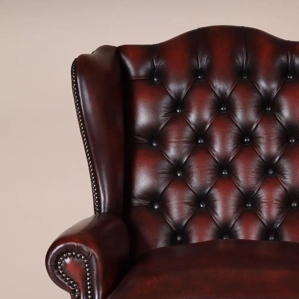 Englische Möbel Chesterfield Ohrensessel Wingchair Sessel Antik Leder Mahagoni 2