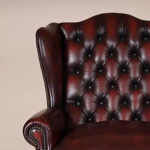 Englische Möbel Chesterfield Ohrensessel Wingchair Sessel Antik Leder Mahagoni