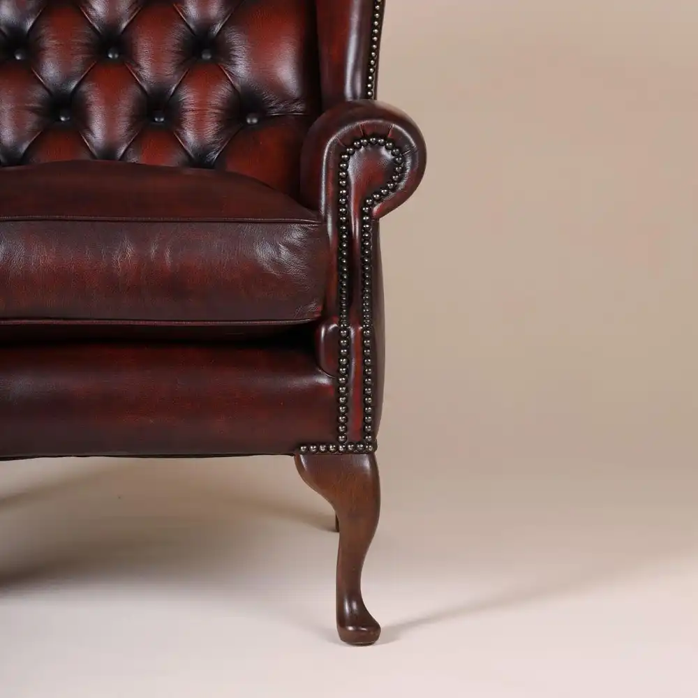 Englische Möbel Chesterfield Ohrensessel Wingchair Sessel Antik Leder Mahagoni 3