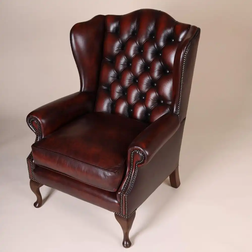Englische Möbel Chesterfield Ohrensessel Wingchair Sessel Antik Leder Mahagoni 6