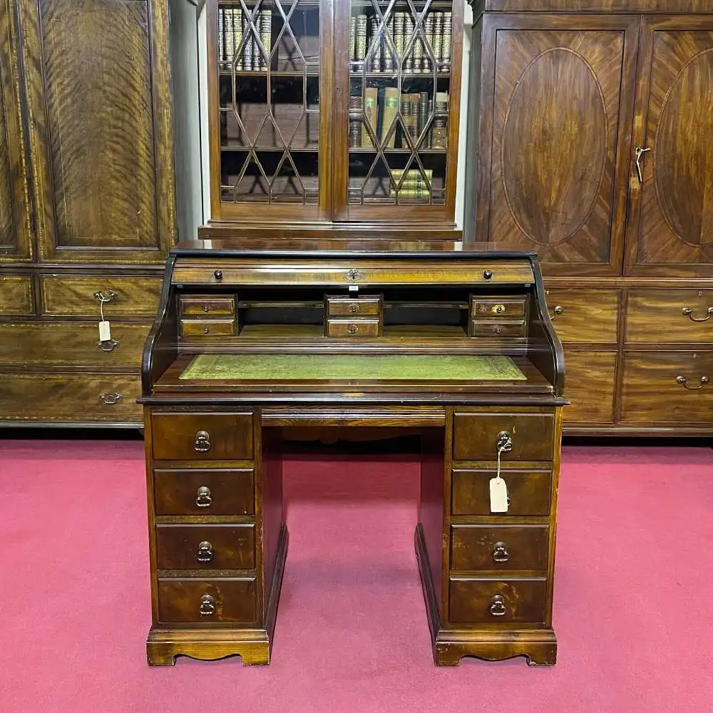 Englische Möbel Mahagoni Sekretär Schreibtisch Leder in grün Made in England UK 6