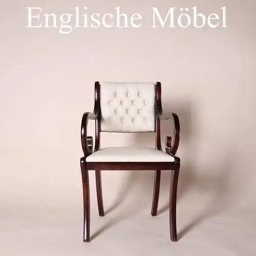 Englische Möbel Chesterfield Mahagoni Leder Stuhl mit Armlehne weiß Made in UK