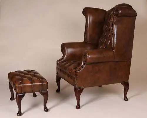 Englische Möbel Chesterfield Ohrensessel Wingchair Sessel Antik Leder Mahagoni