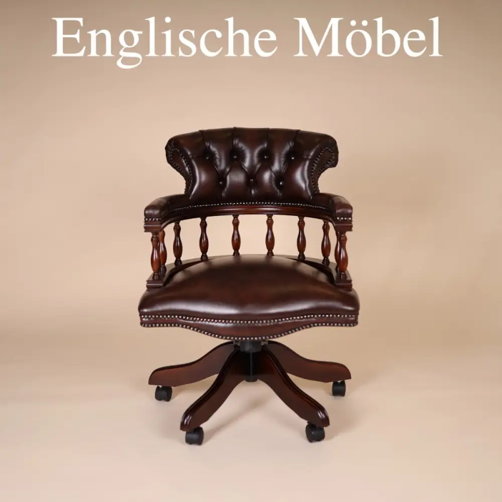 Englische Möbel Chesterfield Drehstuhl Bürosessel Antik Leder Mahagoni Office UK 0