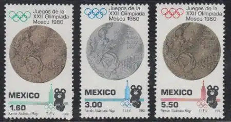 Mexiko Mi.Nr. 1718-20 Olympische Sommerspiele Moskau 1980, Medaillen (3 Werte)