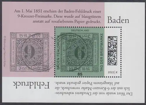 D,Bund Mi.Nr. Block 90 Tag der Briefmarke 2022, Baden Fehldruck