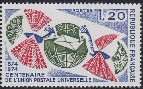 Frankreich MiNr. 1887 100Jahre UPU, Globus, Brieftauben (1,20)