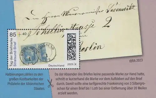 D,Bund Mi.Nr. Block 91 Tag der Briefmarke 2023, Stralsund-Brief