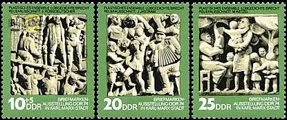 D,DDR Mi.Nr. 1988-90 Tag der Philatelisten, Relief n. Gedichten v. Brecht (3 W.)