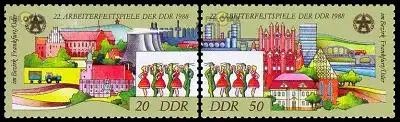 D,DDR Mi.Nr. 3168-69 Arbeiterfestspiele Frankfurt, Gebäude, Volkstanz (2 Werte)