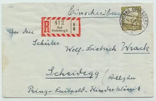 D,Bund Mi.Nr. 191 Heuss (70) auf Brief per Einschreiben, Stempel: Bad Godesberg 