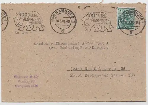 Alliierte Besatzung, MiNr. 949, Ortsbr. HH, Stempel 100 Jahre Hagenbeck, Elefant