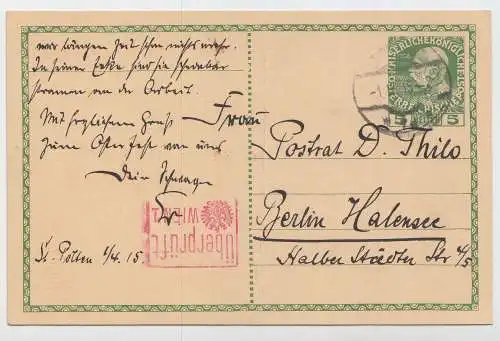 Österreich, Postkarte P216 nach Berlin mit rotem Kontrollstempel Wien 1