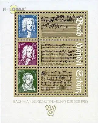 D,DDR Mi.Nr. Block 81 Bach, Händel, Schütz, auf Zierfeld Noten