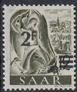 D, Saar, Mi.Nr. 229XI Freimarken m.Aufdr. Fr.-Währung (2 Fr. auf 12 Pf)