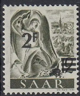 D, Saar, Mi.Nr. 229XI Freimarken m.Aufdr. Fr.-Währung (2 Fr. auf 12 Pf)