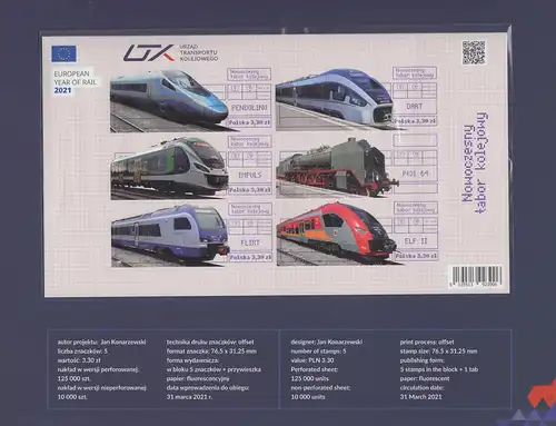 Polen MiNr. Block  European Year of Rail 2021 ungezähnt im Folder