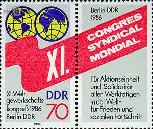 D,DDR Mi.Nr. Zdr.3049+Zf. Weltgewerkschaftskongreß, Welt, Flaggenband (m.Zierf.)