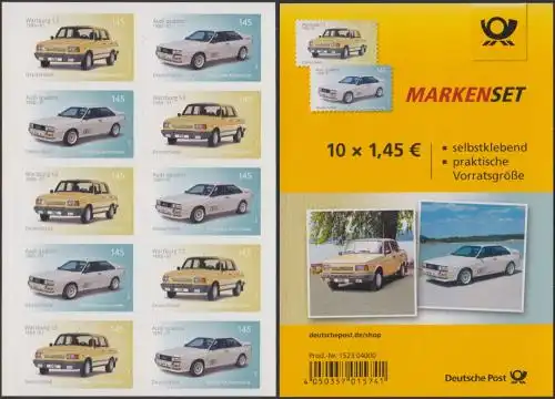 D,Bund MiNr. Folienblatt 76 Klass.Automobile, Audi quattro, Wartburg 1,3, skl (mit je 5x3378+3379)