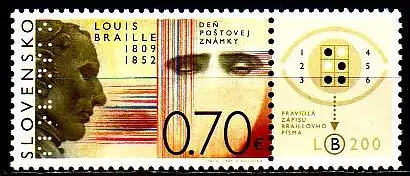 Slowakei Mi.Nr. 627Zf Tag der Briefmarke, Louis Braille (0,70 mit Zierfeld)