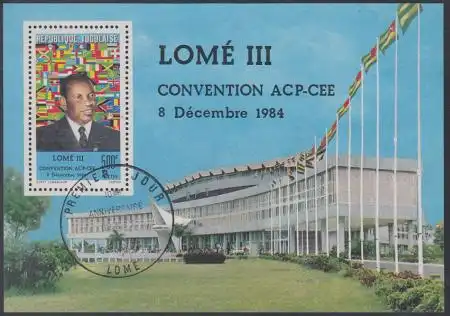 Togo Mi.Nr. Block 258 Konvention von Lomé, Staatspräsident Eyadema, Flaggen