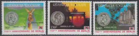 Togo Mi.Nr. 2024-26 750Jahre Berlin, Gebäude, Münzen dt.Kaiser (3 Werte)