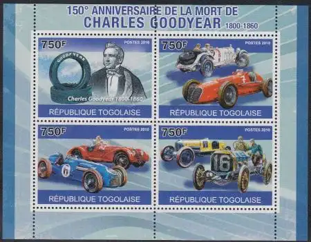 Togo Mi.Nr. Klbg.3784-87 Charles Goodyear, Gummiber. Rennwagen (mit 1x3784-87)