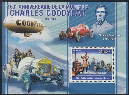 Togo Mi.Nr. Block 567 Charles Goodyear, Gummibereifte Rennwagen 