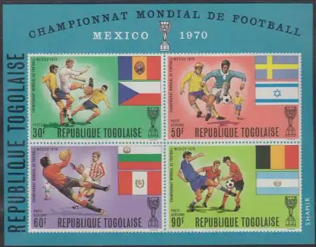 Togo Mi.Nr. Block 47 Fußball-WM 1970, Spielszenen, Flaggen, Zähnung aufgedruckt