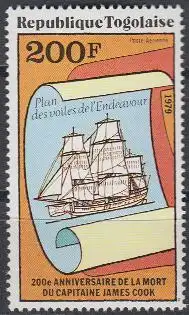Togo Mi.Nr. 1345A 200.Todestag Kapitän Cook, Plan der Endeavour (200)