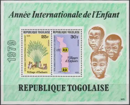 Togo Mi.Nr. Block 143A Int.Jahr d.Kindes, Kinder vor Palme, Landkarte Togos