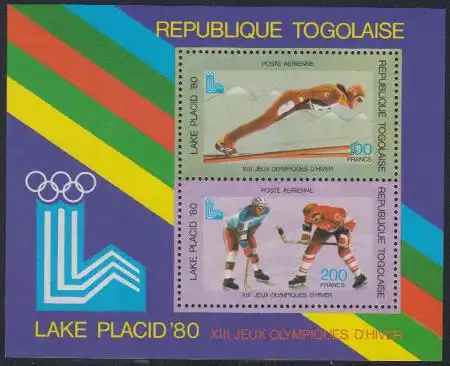 Togo Mi.Nr. Block 151 A Olymp. Winterspiele Lake Placid, Skispringen + Eishockey