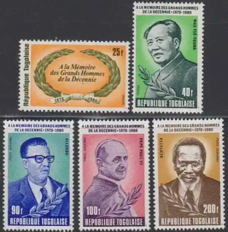 Togo Mi.Nr. 1491-95A Verstorbene d.Jahrzehnts, u.a. Mao, Paul VI, Allende (5 W.)