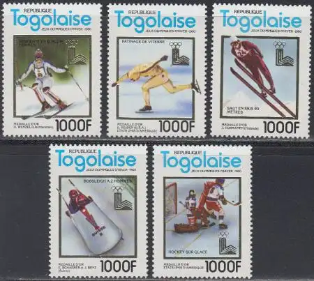 Togo Mi.Nr. 1508-12A Olympia 1980 Lake Placid, Goldmedailengewinner (5 Werte)