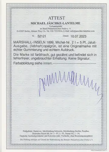 Deutsche Kolonien, Marshall-Inseln MiNr 2I, Krone und Adler, Befund