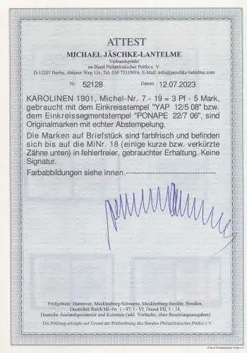 Deutsche Kolonien, Karolinen Briefstücke, MiNr 7 - 19, Kaiseryacht, Attest