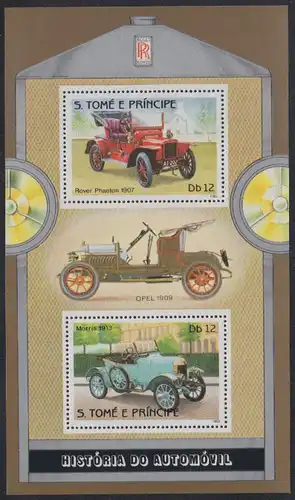 Sao Tomé und Principe Mi.Nr. Block 138A Autos, Rover Phaeton 1907, Morris 1913