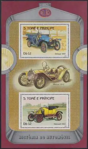 Sao Tomé und Principe Mi.Nr. Block 139A Autos, Delage 1910, Renault 1912