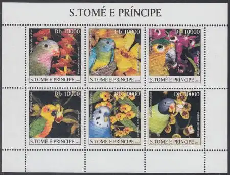 Sao Tomé und Principe Mi.Nr. Klbg.2085-90 Papageien und Orchideen 