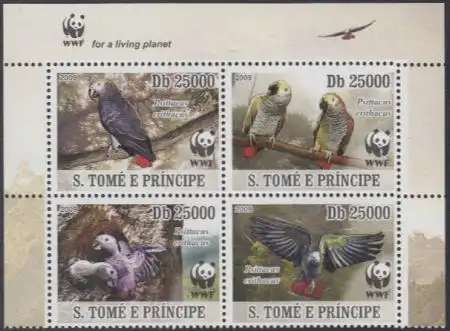 Sao Tomé und Principe Mi.Nr. Zdr.3777-80 Weltweiter Naturschutz, Graupapagei 