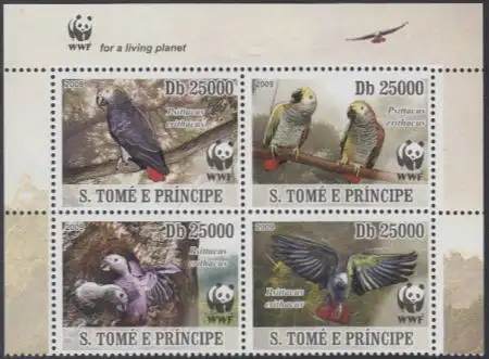 Sao Tomé und Principe Mi.Nr. Zdr.3777-80 Weltweiter Naturschutz, Graupapagei 